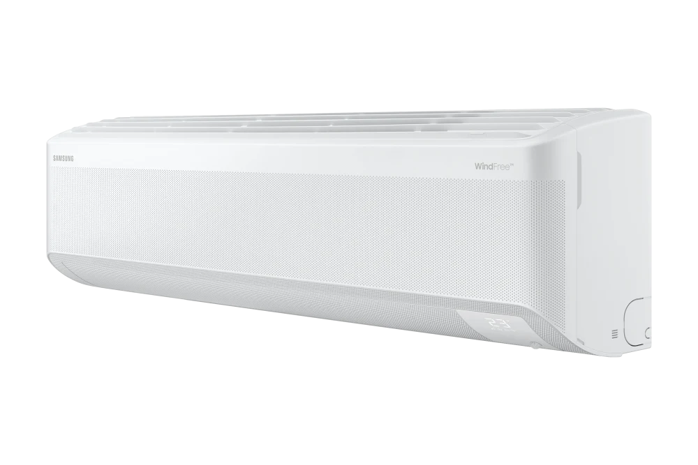 Samsung WindFree indoor-unit image from its Max Heat product page. Check the accompanying outdoor unit and room design.