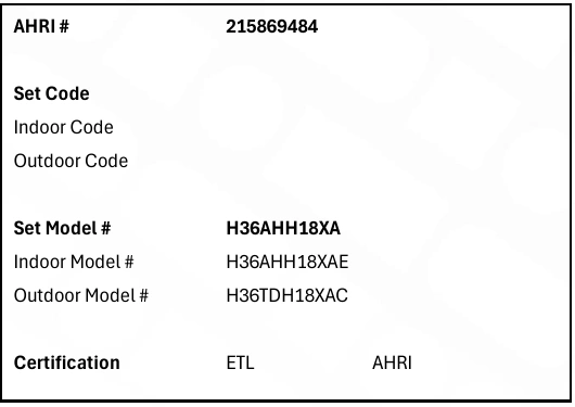 Excerpt from TCL’s published submittal: the AHRI reference and indoor/outdoor model fields. Ask your installer to verify the exact combination and its current certificate in the AHRI Directory.